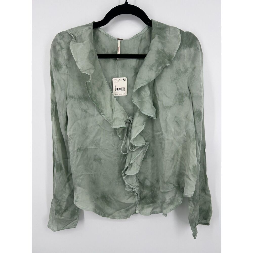 Free People Sascha Ruffle Tie Front Blouse in Sage Combo Size Small